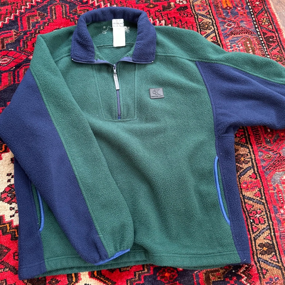 Vintage Calvin Klein Jeans Men's Green and Blue Zip Up Sweater
